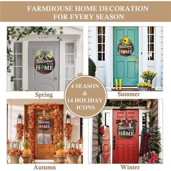 Interchangeable Welcome Sign for Front Door with 4 Seasonal Wreaths - Picture 2 of 10